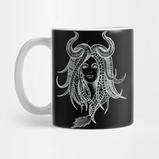 Confident Taurus Woman with Horns and Geometrical Tattoo Design Mug